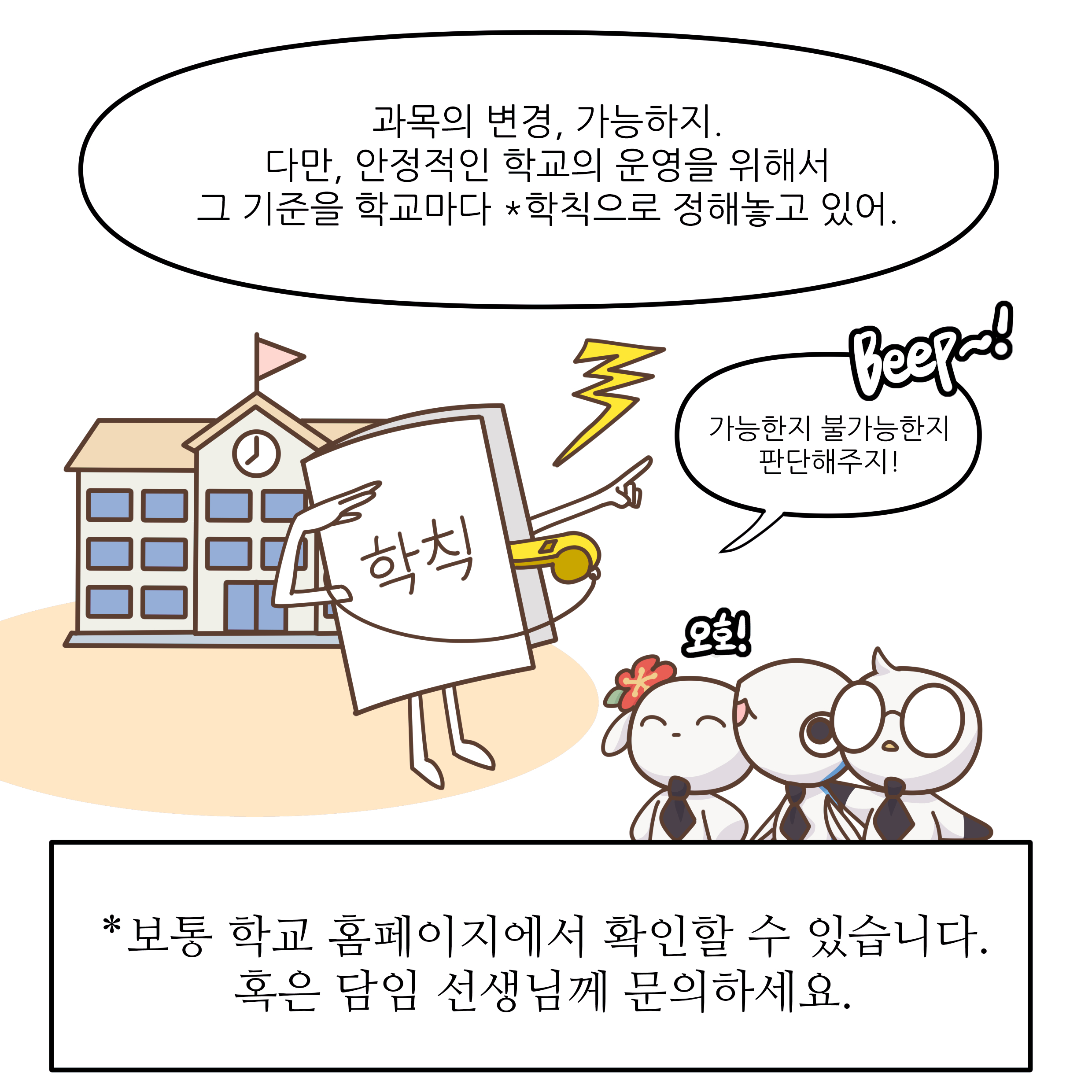 과목의 변경, 가능하지. 다만, 안정적인 학교의 운영을 위해서 그 기준을 학교마다 *학칙으로 정해놓고 있어. Beep~! 가능하지 불가능하지 따라해주지! 보통 학교 홈페이지에서 확인할 수 있습니다. 혹은 담임 선생님께 문의하세요.